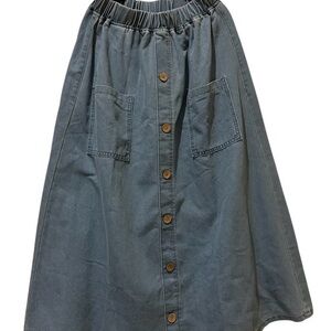 chic Slate Blue Button-Front A-Line Midi Skirt